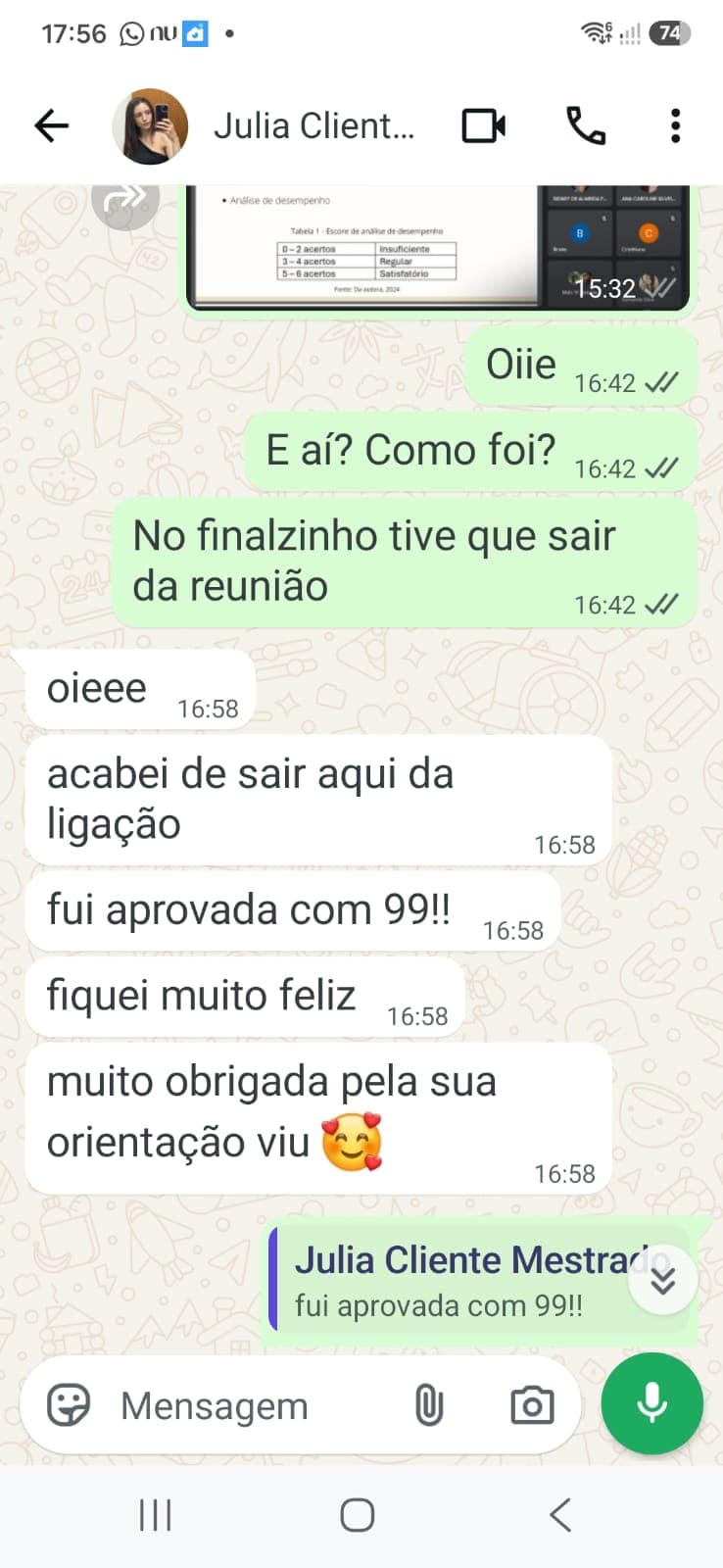 Mensagem de cliente agradecendo pela orientação após ser aprovada com nota 99