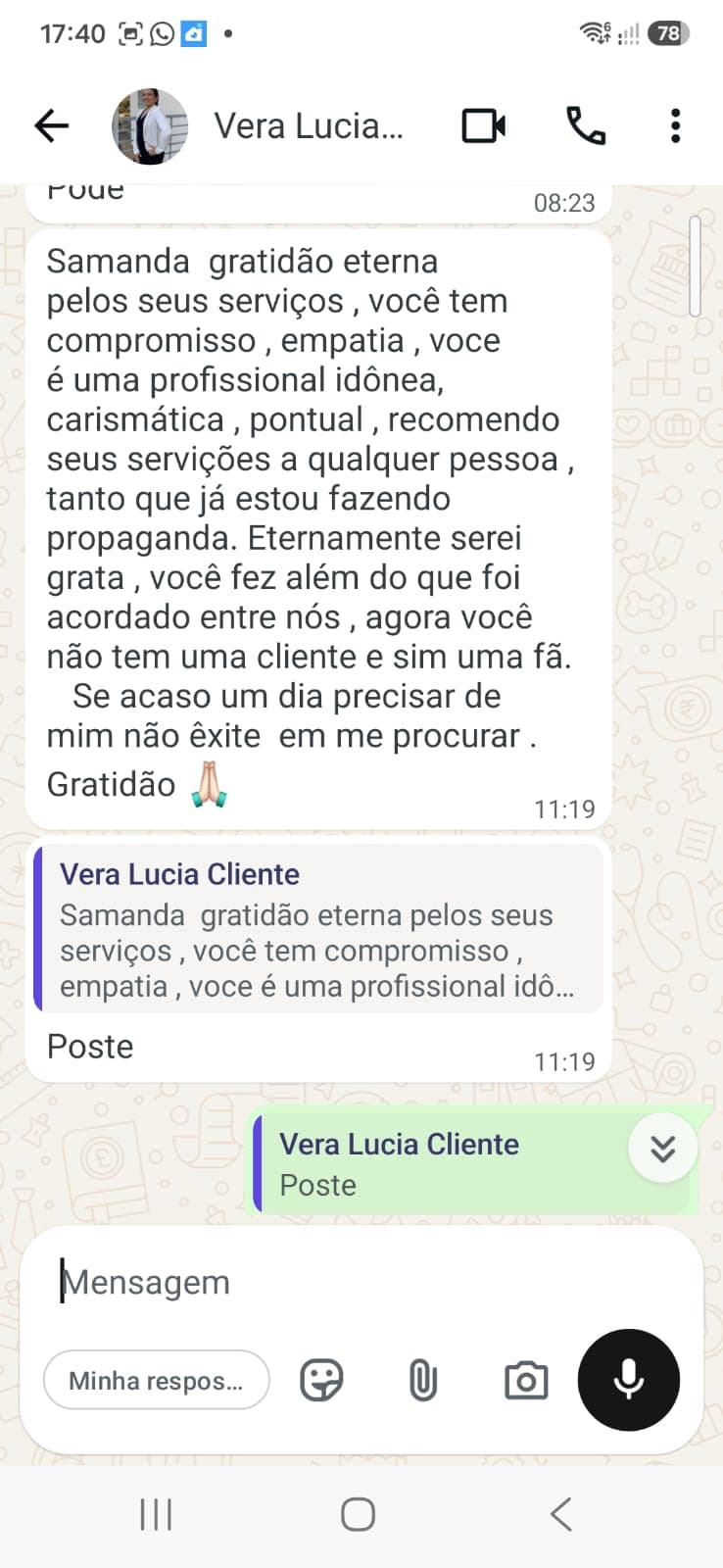 Mensagem de cliente agradecendo pelo compromisso, empatia e pontualidade
